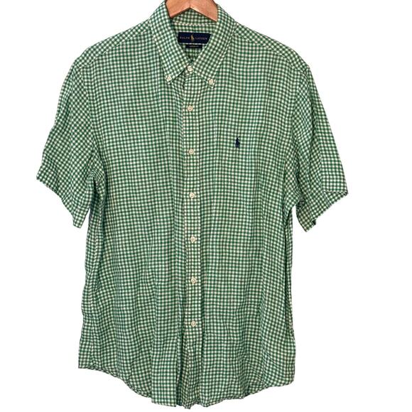 Ralph Lauren Green White Check Short Sleeve 100%‎ Linen Button Up XL Pre-owned - Picture 1 of 6